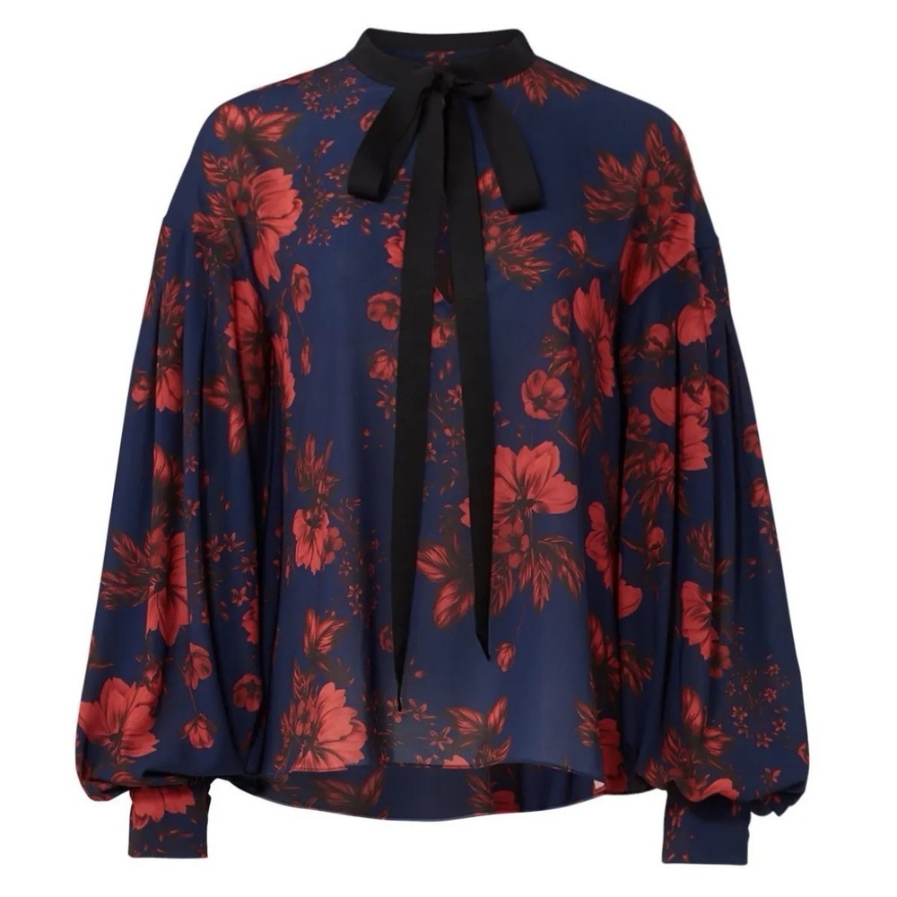 Sachin & Babi Midnight Floral Top Size 12 Navy Red Bow Neck Blouse $465